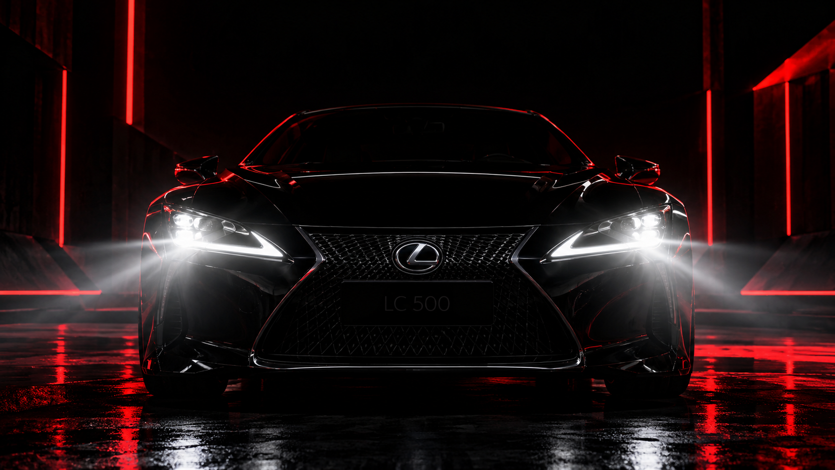 MASK VINYL black sports car in red-lit studio